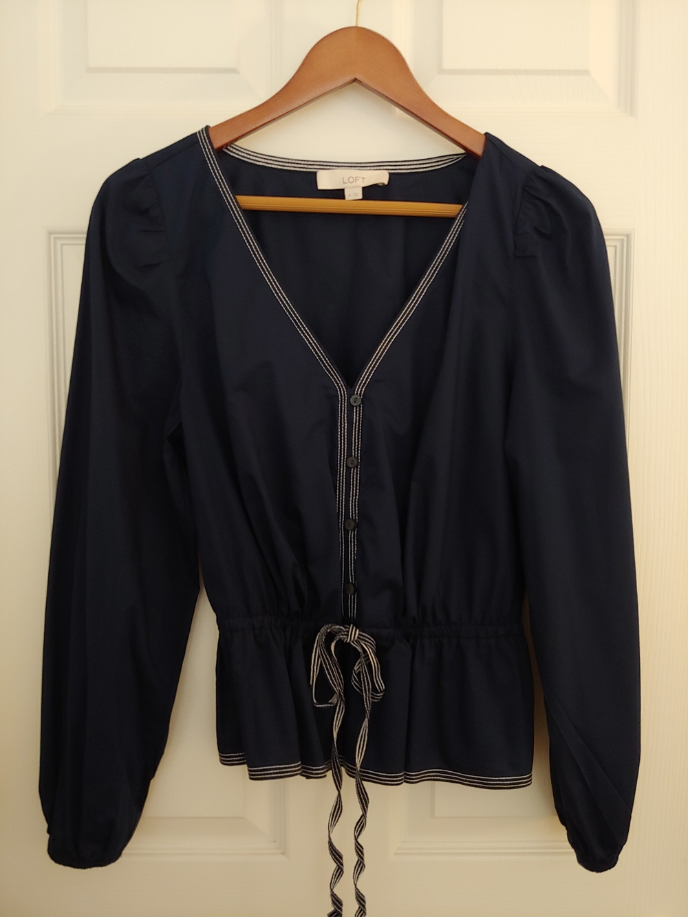 LOFT Navy Button-Front Drawstring Peplum Blouse